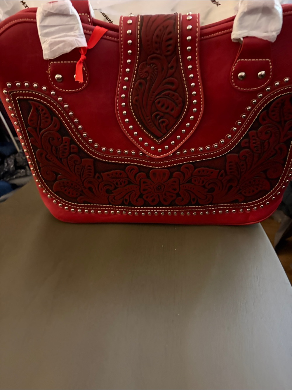 Montana West Red Embossed Floral Studded Tote
